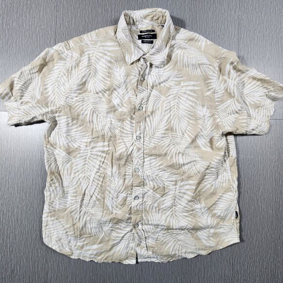 Kenneth Cole New York Linen Blend Beige Palm Print Button Up Shirt 2XL Beach - Picture 1 of 11
